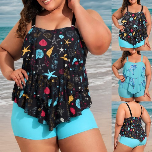 Plus Size Womens Ruffle Tankini Shorts Set Swimming Costume Swimsuit Swim Dress