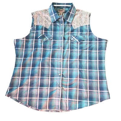 Wrangler Womens XXL Western Top Shirt Plaid Pearl Snap Sleeveless Lace Yolk  VTG