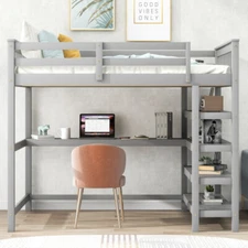 Twin/Full Size Loft Bed w/ Desk Solid Wood Storage Bookshelves Bedroom Furniture