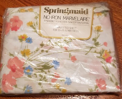 Springmaid Windrift No-Iron Marvelaire Twin Fitted Sheet Pink Blue Floral NOS