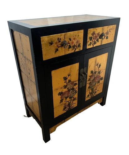 Mid Century Chinese Console Cabinet, Two Drawers Chinoiserie Hand Painted Flower