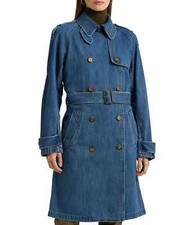 Lauren Ralph Lauren Women's Blue Solid Button Belted Denim Trench Coat Size 16