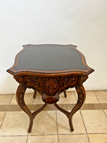 Vintage Maitland Smith Table French Country Carved Walnut Embossed Metal inlay - Picture 5 of 12
