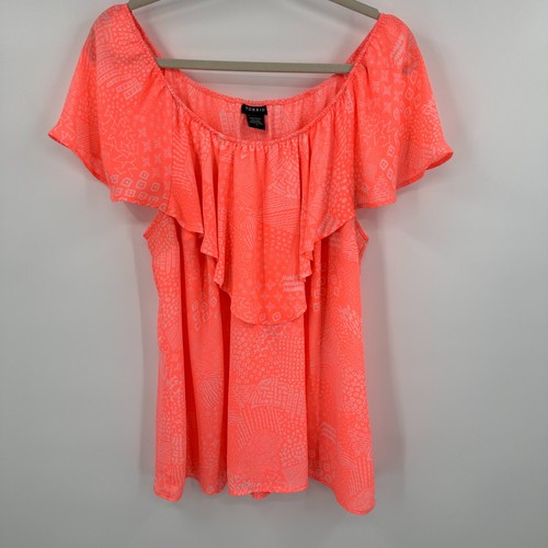 Torrid Blouse Top Women's 1 Neon Pink Doodle Print Georgette Ruffle Off Shoulder