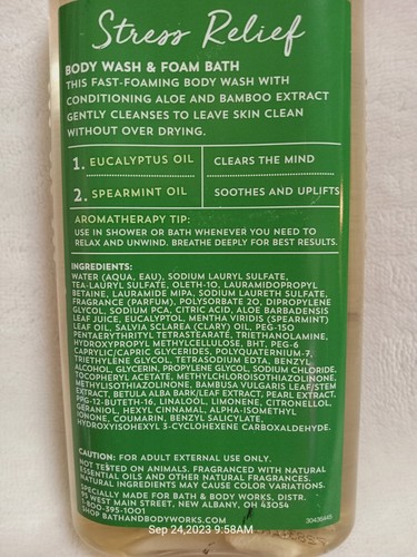 Bath & Body Works alivio del estrés eucalipto menta verde lavado corporal y espuma 10 oz nuevo - Imagen 4 de 4