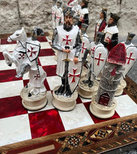 X Large Crusaders Chess Set 16.5" – Medieval Theme,  Inlaid Board, Hand Painted