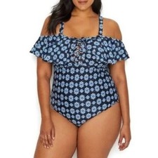 one piece NEW navy print swimsuit sleeves wireless cups full coverage ruffle 16W