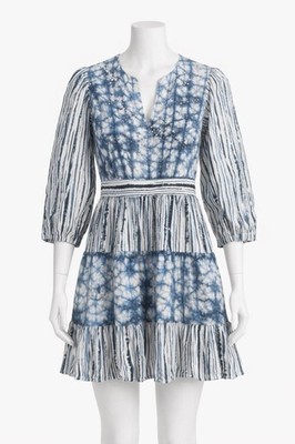 Boho Blue Tie Dye Mini Dress Womens S Cottagecore Embroidered Cotton READ