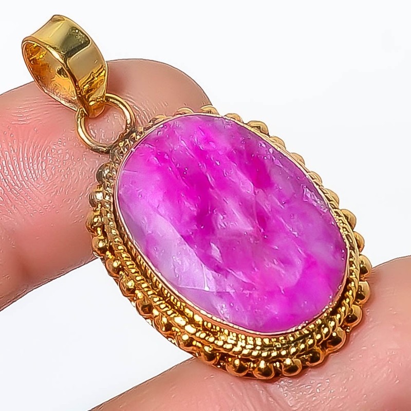 Ruby (Lab-Created) Gemstone 925 Silver Gold Plated Pendant 1.56" P7622-230