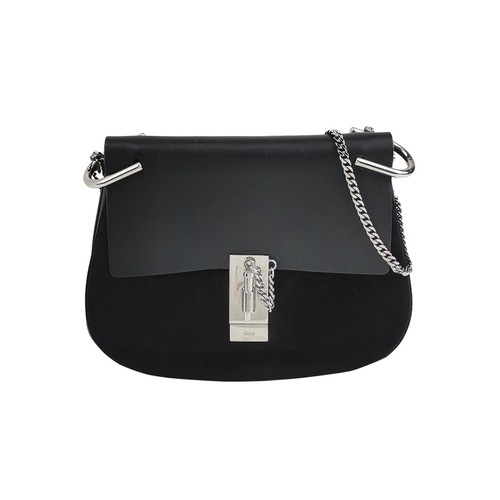 AUTH Chloe Drew Black Leather Rare Silver Hardware Chain Shoulder Bag Women