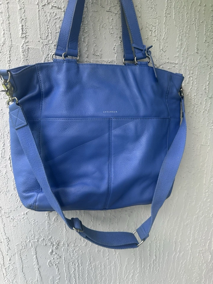 Levenger Blue Leather Tote Convertible Crossbody Handbag - Image 4 of 4