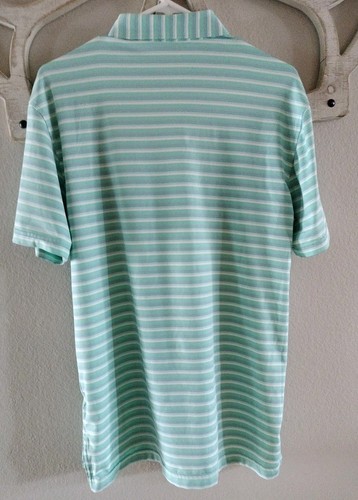 Peter Millar Polo Shirt Small Aqua Blue White Stripe Short Sleeve Polyester - Picture 2 of 4