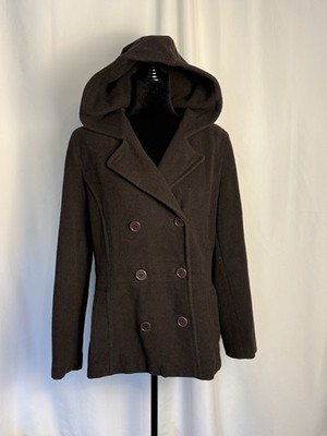 Esprit Women s Brown Wool Blend Hooded Peacoat Size Large Button Front