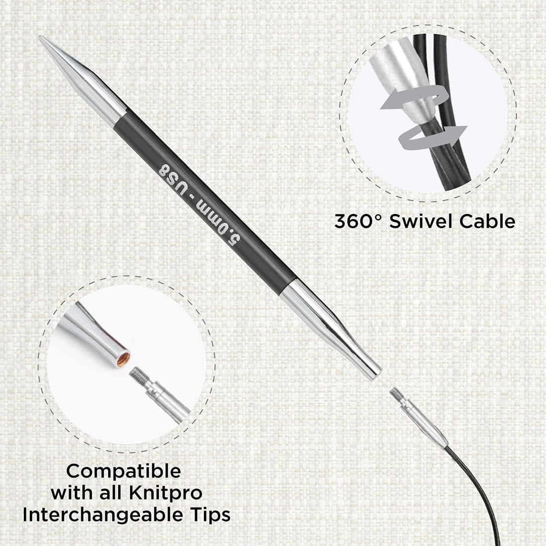 KnitPro - KnitPro The Mindful Collection Stainless Steel Black/Silver Swivel 360° Interchangeable Cable for 150cm Needle - 1 Piece - Image 3