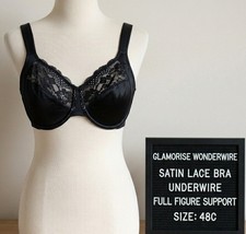 Glamorise Wonderwire Satin Lace Bra 48C Black Full Figure Support 1045
