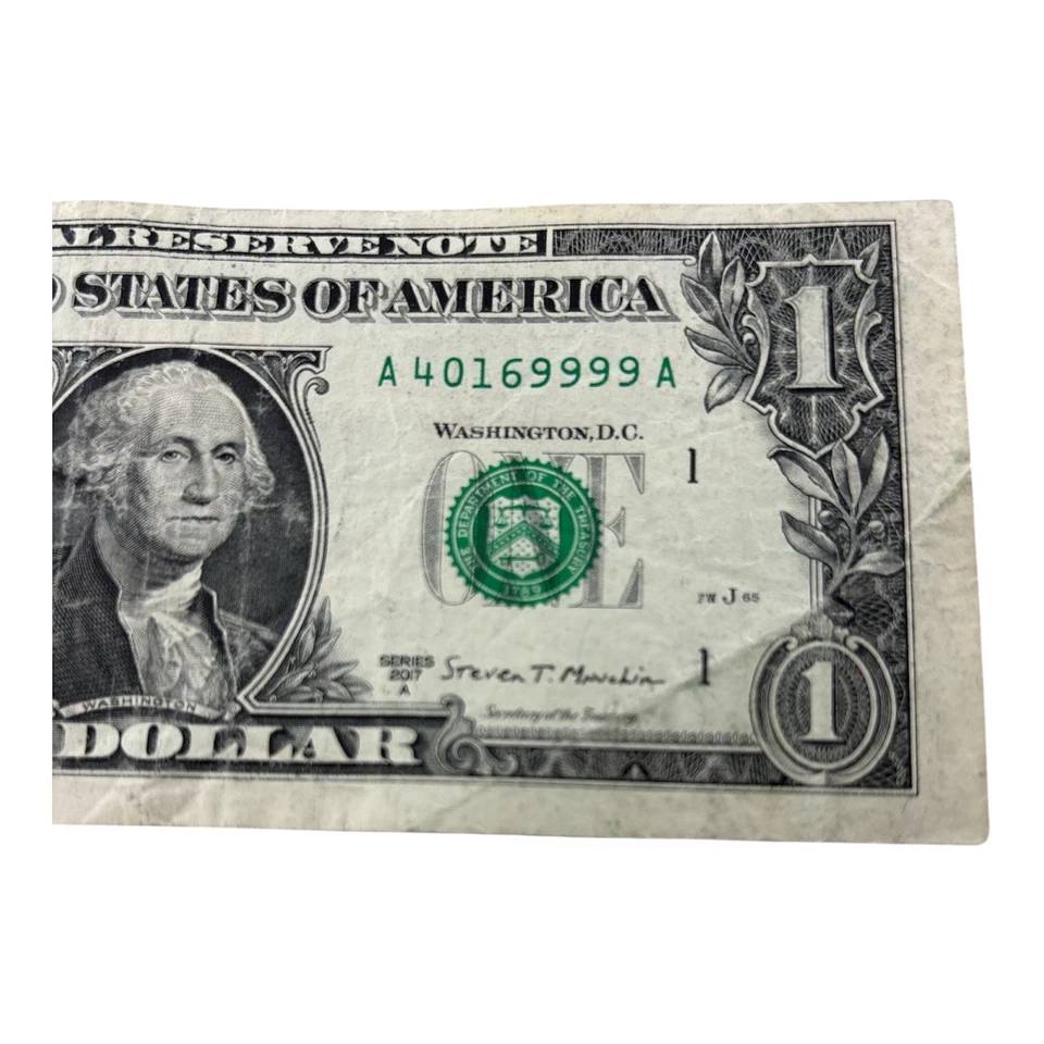 2017 $1 Dollar Bill Fancy Serial A40169999A Slight Off Center Misprint Rare - Image 4 of 4