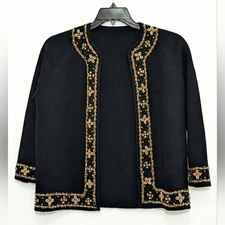 Vintage Black Beaded Cardigan Sweater Gold Heavy Knit Jacket Large Mob Wife