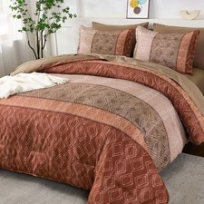 Boho Comforter Set,7 Piece Bed in a Bag Size Warm Striped Queen Red Brown