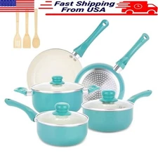Ceramic Non Stick Fryingpan Set W/ Glass Lids Pot 11pcs Kitchen Cookware Sets US