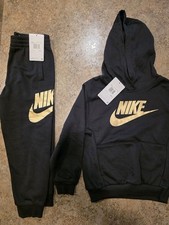New Nike Kids Black Hoodie Sweat Pants Gold Logo Size 6 School Fleece 2 Pc Set