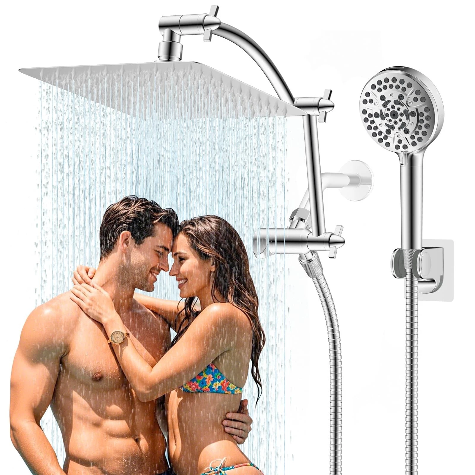 10'' High Pressure Rainfall Shower Head Combo, Handheld with 16'' Arm & 71'' Hos