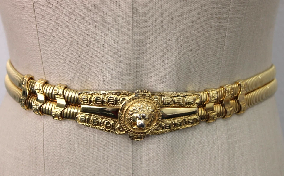 Cinto elástico vintage anos 1980 Judith Leiber ouro metal fivela leão 27" a 33" - Imagem 2 de 4