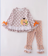 NEW Boutique Pumpkin Ruffle Tunic Dress Plaid Leggings Girls Outfit Set