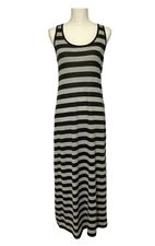 Active Basic Maxi Tank Dress Womens Medium Black Gray Stripe Beachy Full Length