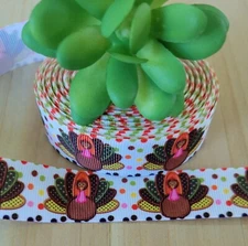 7/8" (1YD) Thanksgiving Grosgrain Ribbon Turkeys Polka Dots Festive Fall Ribbon