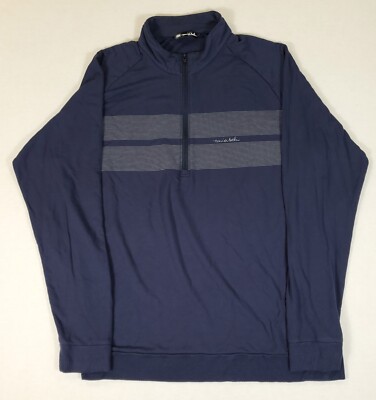 Travis Mathew 1/4 Zip Golf Blue White Striped Long Sleeve Pullover Shirt Mens XL