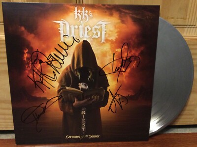 K.K. S PRIEST BAND SIGNED SERMONS OF THE SINNER LP SILVER VINYL DOWNING JUDAS KK