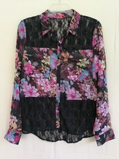 Women's Long Sleeve Button Down Collared Printed Chiffon Lace Shirt - Black M