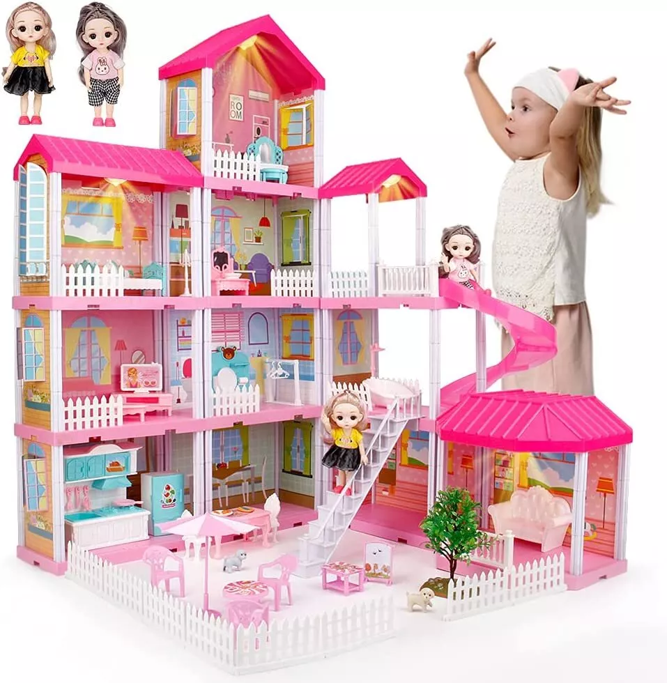 JoyStone 11 Rooms Huge Dollhouse with Play Mat, 2 Dolls and Colorful Light,  31 x 28 x 27 Dreamhouse w/Furniture Doll House Gift for Girls 