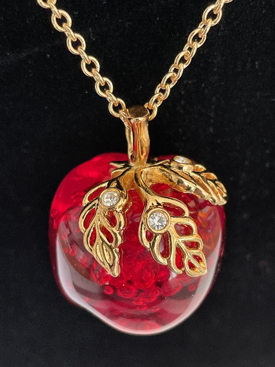 AVON Lucite Candy Red Apple Necklace with Rhinestones 32