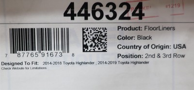Toyota Highlander 2014-19 3rd Row & Aisle All Weather Floor Mat Genuine OEM