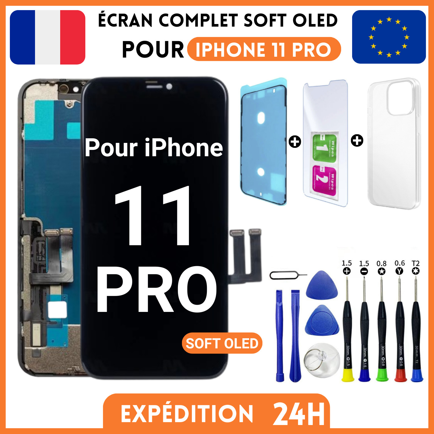 Écran Vitre Tactile iPhone 11 Pro SOFT OLED Solution Affichage Noir avec Outils de Pose