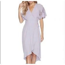 ASTR The Label Lavender Lace Crochet Wrap Midi Dress Flutter Sleeves Womens S/M