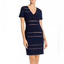 Adrianna Papell Pintucked Spliced Sheath Dress Woman's Size 14 Navy Blue NWT