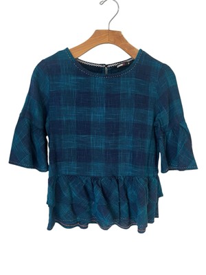 Jealous 21 Blouse Size Small Peplum Top Blue Teal Black Plaid 3/4 Sleeve Ruffle
