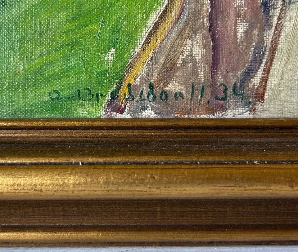 Ölbild Axel Bredsdorff 1934 Züge Wagons auf Abstellgleisen Bahnhof Stadtbild - Bild 4 von 4