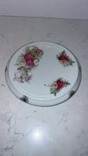 Antique Round Tea Trivet/ Hot Plate Pink Flowers Porcelain Decor