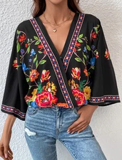 Shein Floral Batwing Wrap Blouse Size 10 Black Colorful Summer V-Neck