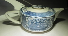 Vintage Blue Currier & Ives Teapot & Lid  Ships Lighthouse