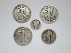 🟢 Lot of 5 - Walking Liberty Half Dollars & Quarter & Dime -90% Silver US Coins