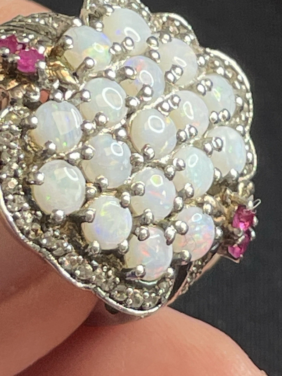Signed STS 925 Sterling Silver Opal Ruby Ring Clu… - image 9