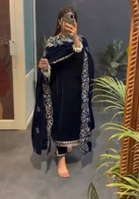 New Heavy Viscose Velvet Blue Salwar Kameez With Dupatta For Festival Wear