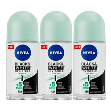 Nivea WOMEN Black  White Invisible FRESH Roll-on 72 H / 50ml Each  PACK OF 3 