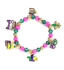 Mardi Gras Theme Multi Dangle Charm and Beaded Stretch Bracelet for Women