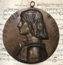 Placa de bronce rara grande antigua francesa BARSERVICE Juana de Arco de Chapu c1860