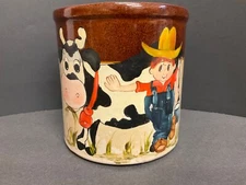 RosevilleR.R.P. CO.  Ohio POTTERY CROCK Brown Stripe  6.25” Painted Farmer w/Cow